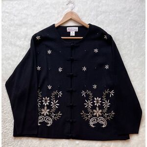 Vintage Milano Woman Design Group Black Floral Embroidered Cardigan Sweater